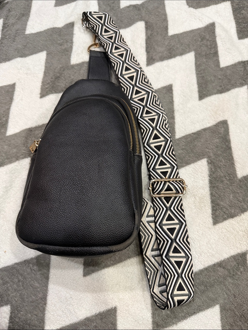Ah.Dorned Black Vegan Leather Crossbody Sling with Gold Hardware
